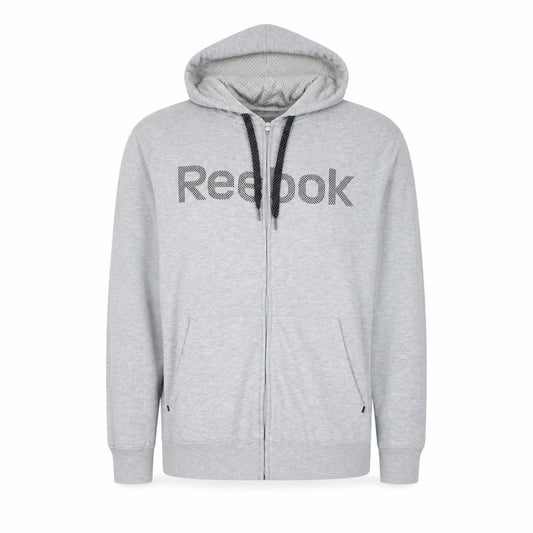 Front view of Reebok Men Grey Full Zip Hoodie, size M, Regular Fit Sportswear