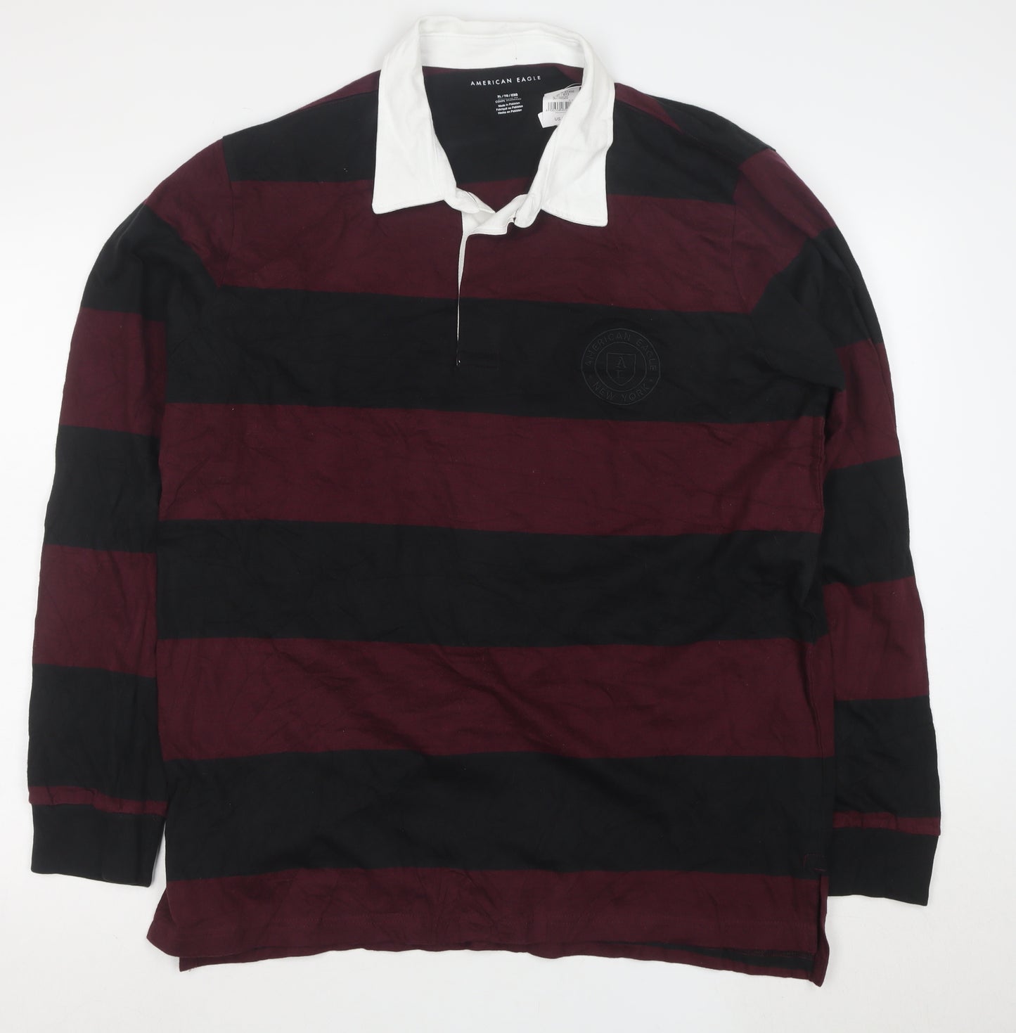 American Eagle Men’s XL Burgundy Black Striped Long Sleeve Polo Shirt