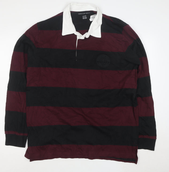 American Eagle Men’s XL Burgundy Black Striped Long Sleeve Polo Shirt