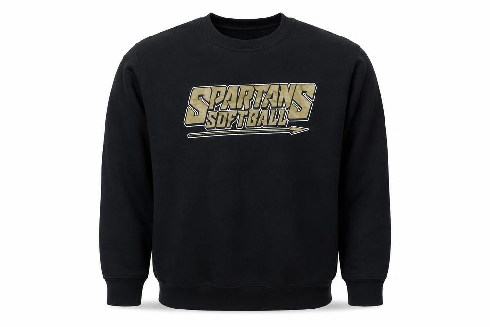 Front view of Gildan Men's Black Spartans Softball Sweatshirt, size S, Pullover