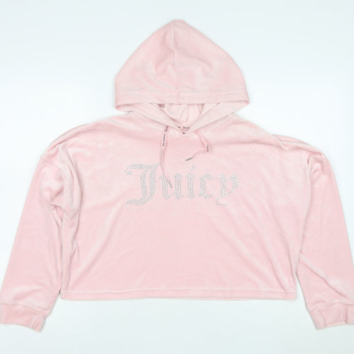 Juicy Couture Women Pink Velour Hooded Pullover Hoodie L Rhinestone Logo