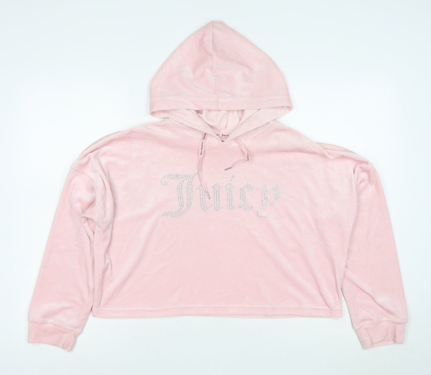Juicy Couture Women Pink Velour Hooded Pullover Hoodie L Rhinestone Logo