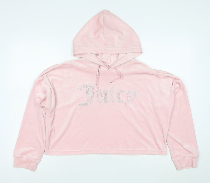 Juicy Couture Women Pink Velour Hooded Pullover Hoodie L Rhinestone Logo