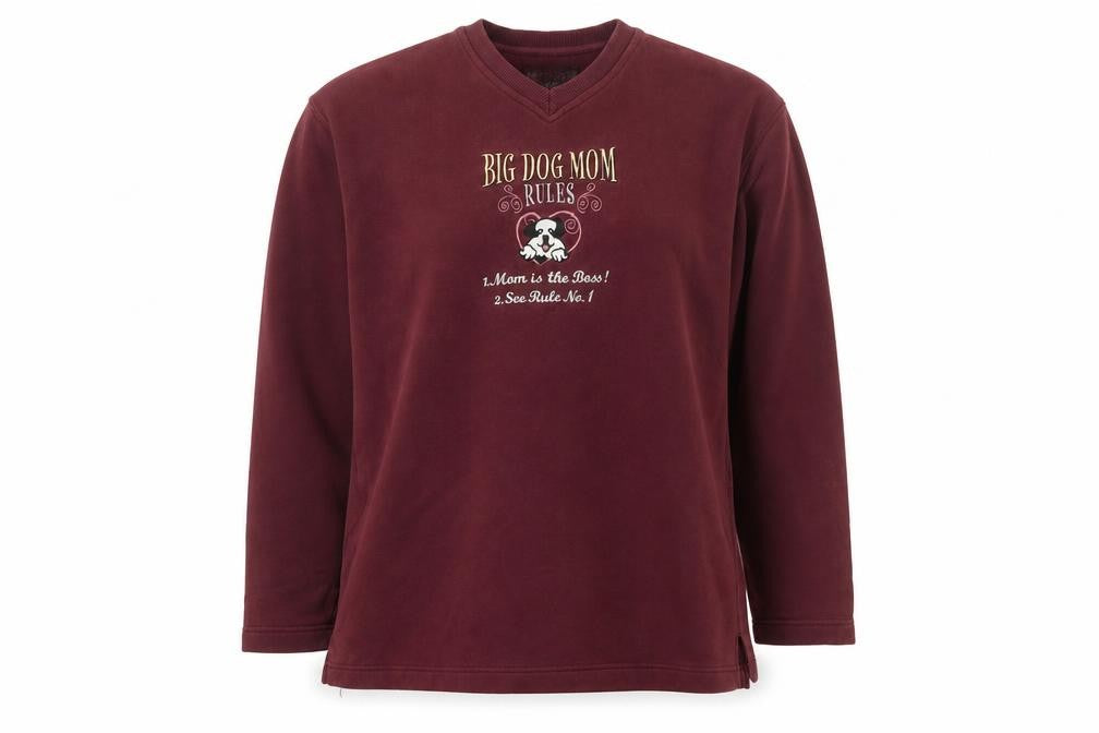 Front view of Big Dogs Women's Burgundy Pullover Sweatshirt, size L, Embroidered Cotton Blend