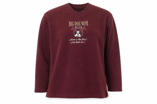 Front view of Big Dogs Women's Burgundy Pullover Sweatshirt, size L, Embroidered Cotton Blend