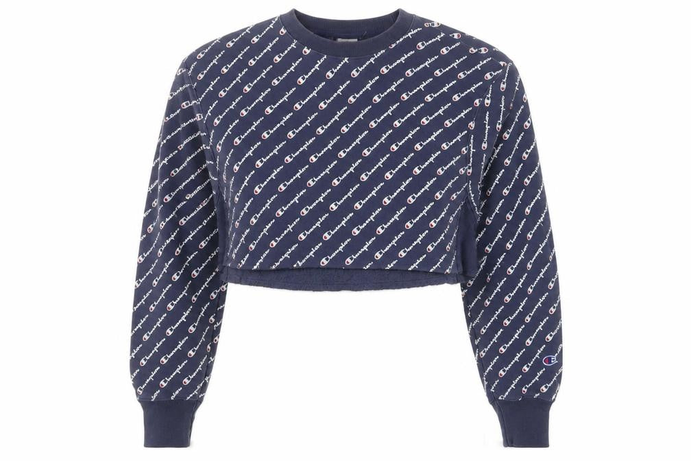 Front view of Champion Women's Blue Small Cropped Crew Neck Pullover Sweatshirt
