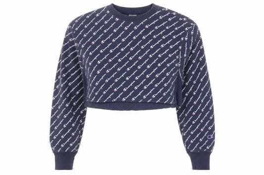 Front view of Champion Women's Blue Small Cropped Crew Neck Pullover Sweatshirt
