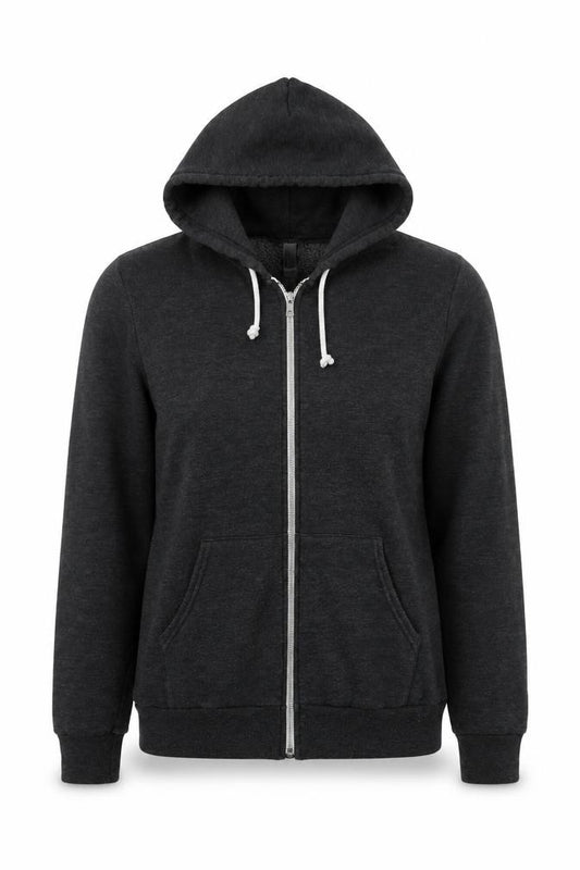 Front view of American Apparel women’s dark grey full zip hoodie, size S, cotton blend graphic