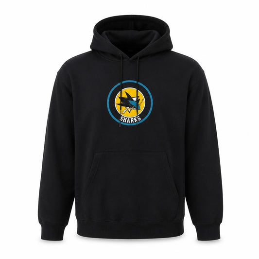 Front view of Hanes men’s black pullover hoodie l sports graphic sharks vintage