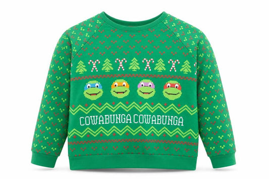 Front view of Nickelodeon boys’ green teenage mutant ninja turtles christmas sweatshirt xl 15-17 years