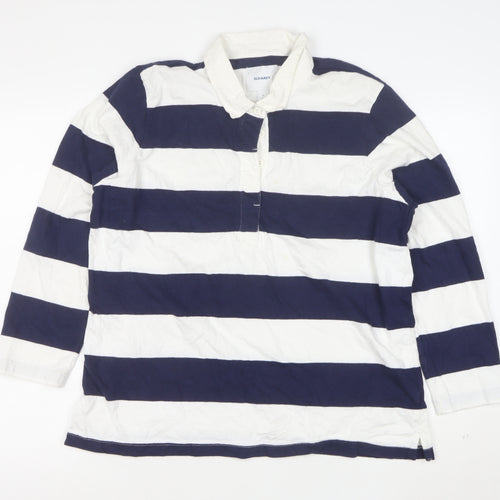 Old Navy Women's Blue White Striped Polo Shirt XL Long Sleeve Cotton