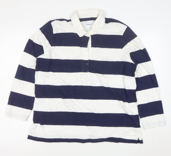 Old Navy Women's Blue White Striped Polo Shirt XL Long Sleeve Cotton