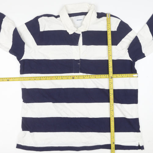 Old Navy Women's Blue White Striped Polo Shirt XL Long Sleeve Cotton