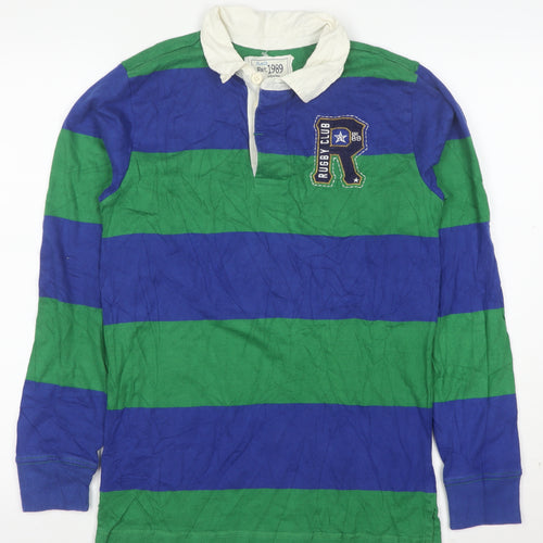 PLACE Mens Blue Green Striped Rugby Polo Shirt XL Long Sleeve Cotton