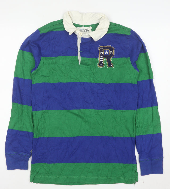 PLACE Mens Blue Green Striped Rugby Polo Shirt XL Long Sleeve Cotton