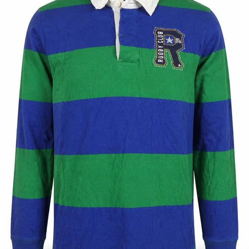 PLACE Mens Blue Green Striped Rugby Polo Shirt XL Long Sleeve Cotton