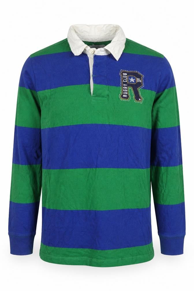PLACE Mens Blue Green Striped Rugby Polo Shirt XL Long Sleeve Cotton
