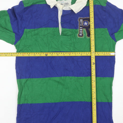 PLACE Mens Blue Green Striped Rugby Polo Shirt XL Long Sleeve Cotton