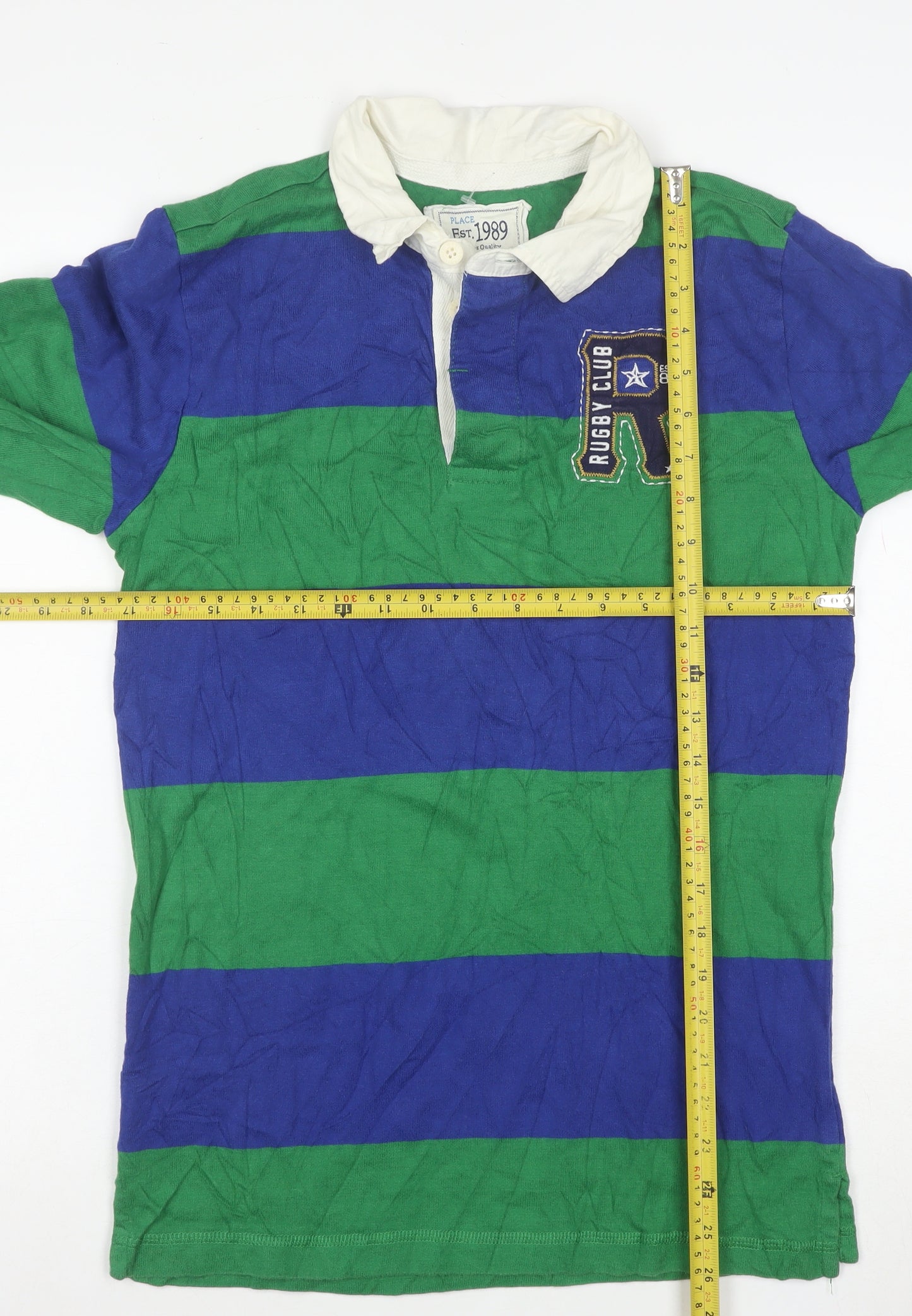 PLACE Mens Blue Green Striped Rugby Polo Shirt XL Long Sleeve Cotton