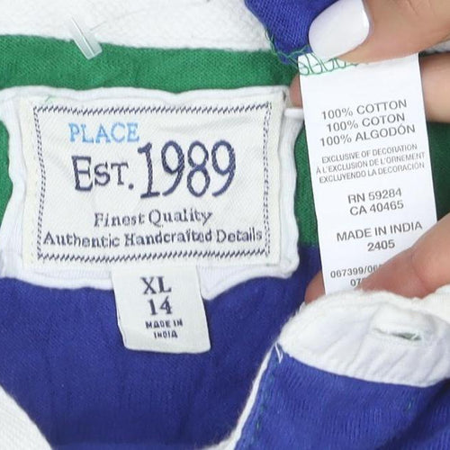 PLACE Mens Blue Green Striped Rugby Polo Shirt XL Long Sleeve Cotton