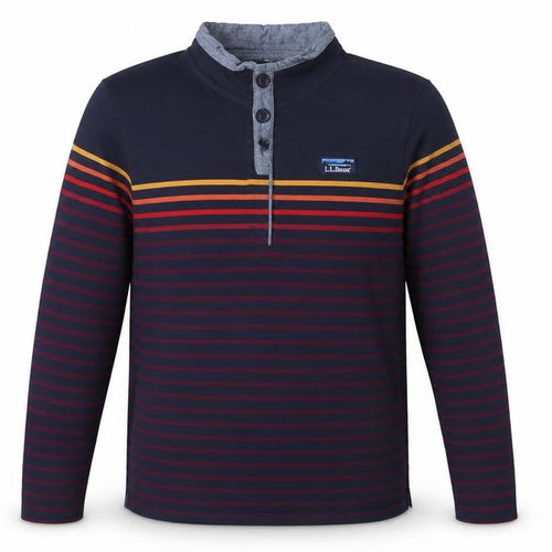 L.L.Bean Men's Blue Striped Henley Sweatshirt M Long Sleeve Cotton