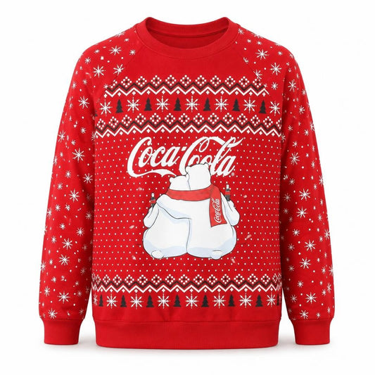 Front view of Coca-Cola men’s red l christmas polar bear pullover sweatshirt