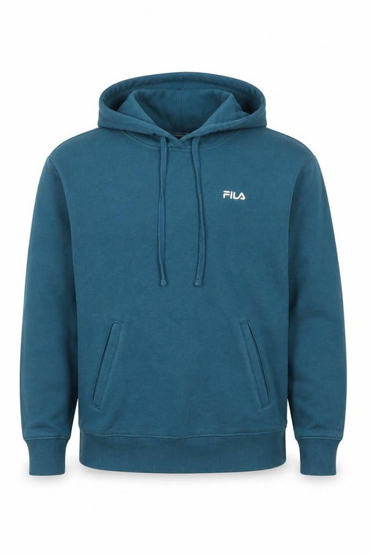 Front view of Fila men’s blue pullover hoodie, size S, regular fit hooded sweatshirt