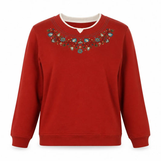 Front view of Breckenridge Women Red Embroidered Pullover Sweatshirt, size L