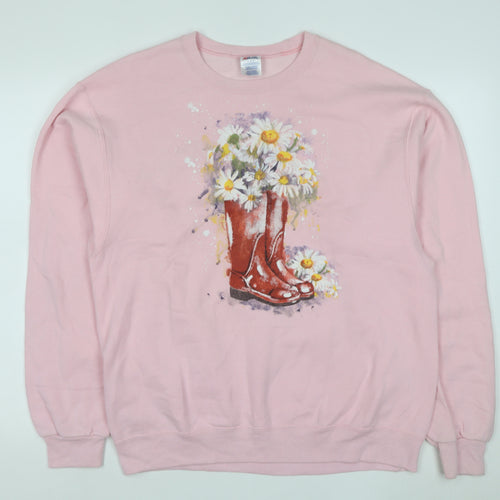 Jerzees Women's Pink Floral Cowboy Boots Graphic Sweatshirt L