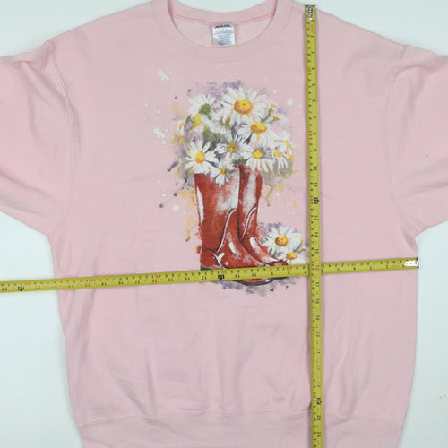 Jerzees Women's Pink Floral Cowboy Boots Graphic Sweatshirt L