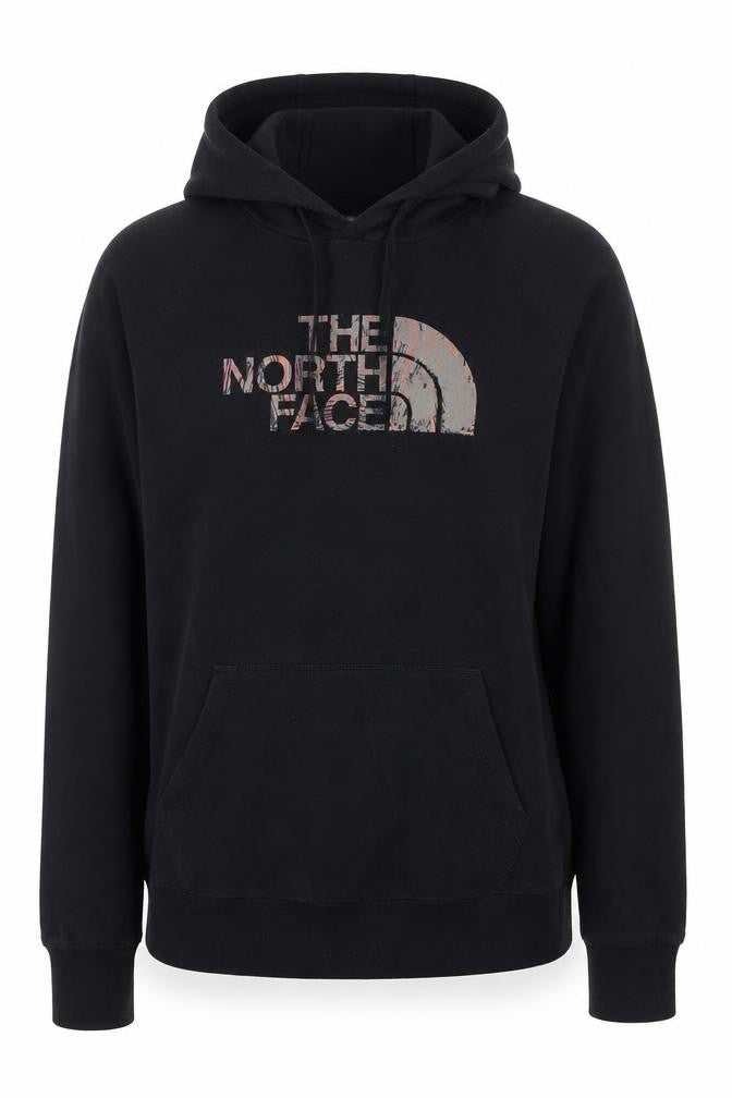 Front view of The North Face Women's Black Pullover Hoodie, size M, Logo Print Cotton Blend