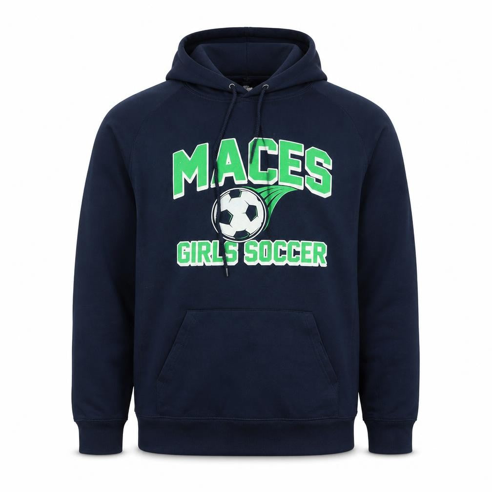 Front view of Badger Sport Men's Blue M Pullover Hoodie Maces Soccer Graphic