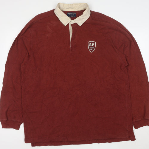 American Eagle Men's Red Long Sleeve Polo XL 100% Cotton Casual Top