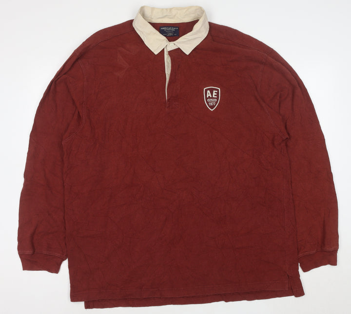 American Eagle Men's Red Long Sleeve Polo XL 100% Cotton Casual Top
