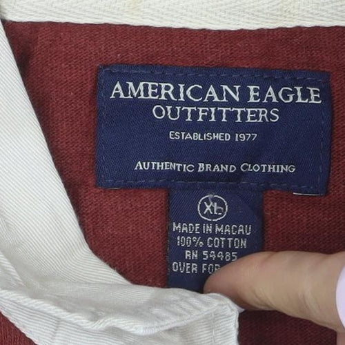 American Eagle Men's Red Long Sleeve Polo XL 100% Cotton Casual Top