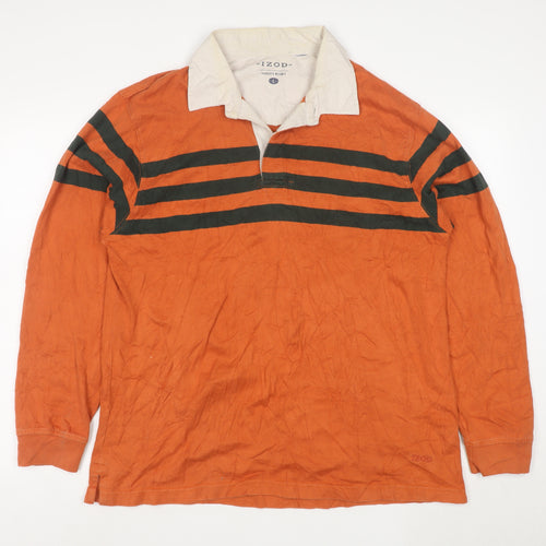 IZOD Men’s Orange Long Sleeve Rugby Polo Shirt L Striped Cotton