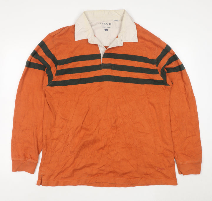IZOD Men’s Orange Long Sleeve Rugby Polo Shirt L Striped Cotton