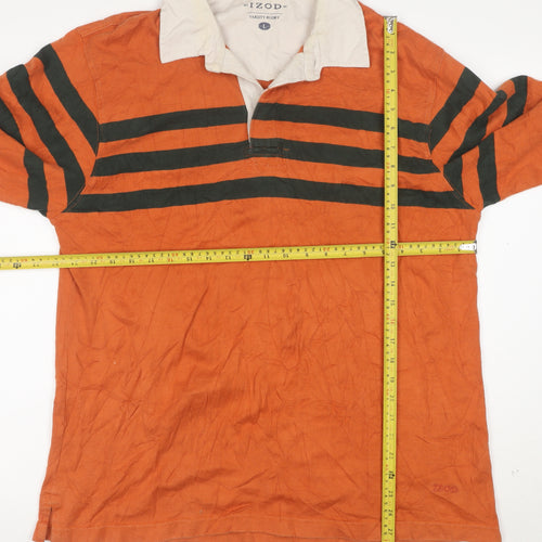 IZOD Men’s Orange Long Sleeve Rugby Polo Shirt L Striped Cotton