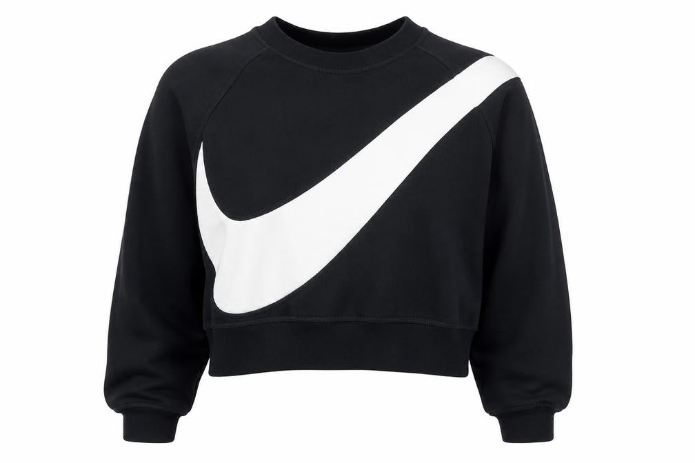 Front view of Nike women’s black swoosh cropped crew neck sweatshirt, size S