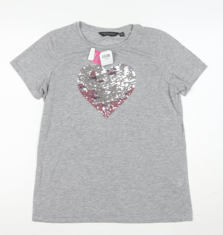 Dorothy Perkins Women Grey Sequin Heart Short Sleeve T-Shirt Size 14