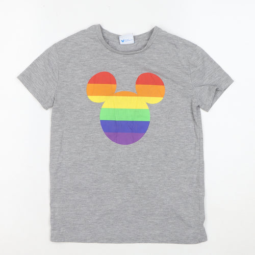 TU Girls Grey Mickey Mouse Rainbow T-Shirt 8 Years Short Sleeve Cotton Blend