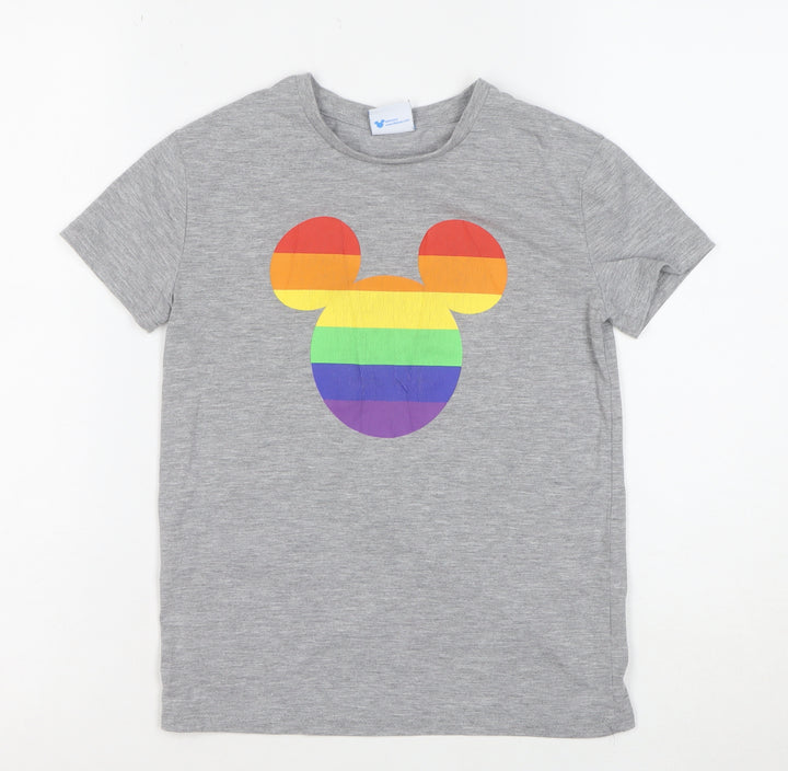 TU Girls Grey Mickey Mouse Rainbow T-Shirt 8 Years Short Sleeve Cotton Blend