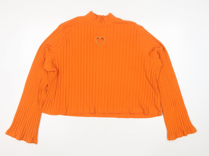 Lazy Oaf Orange Ribbed Mock Neck Heart Cut Out Cropped Top Women's M