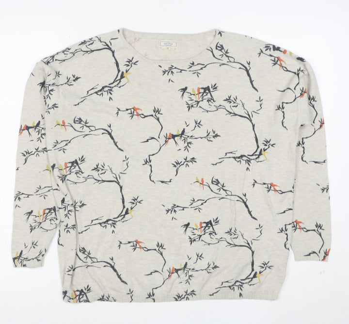 Fat Face Women's Beige Bird Print Cotton Jumper Size 14