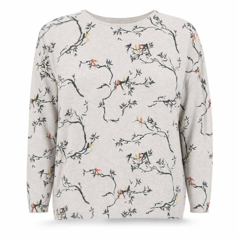 Front view of FatFace Women's Beige Bird Print Cotton Jumper, size 14