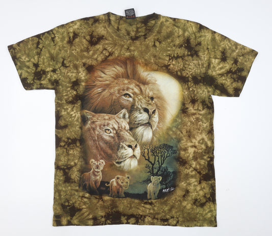 WILD Mens Brown XL Animal Lion Print Cotton T-Shirt