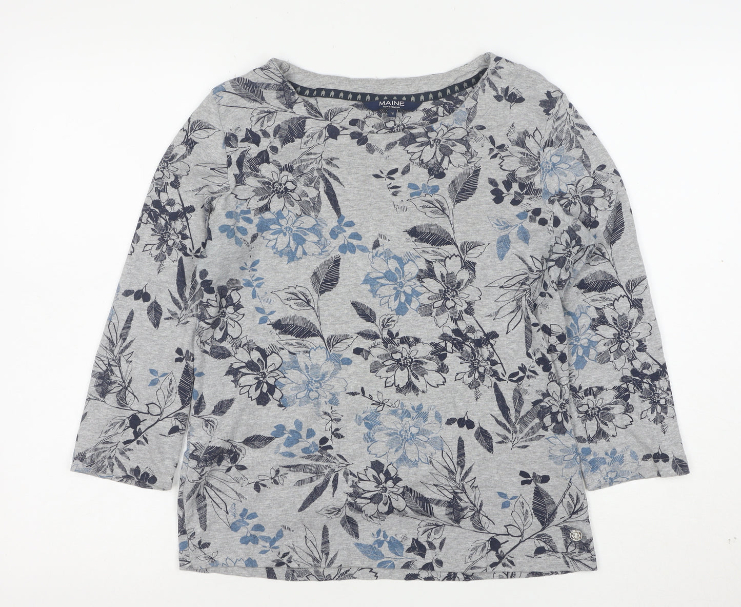 Maine New England Womens Grey Floral 3/4 Sleeve Jersey Top Size 14