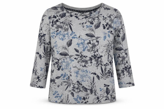 Front view of Maine New England women’s grey floral 3/4 sleeve jersey top, size UK 14