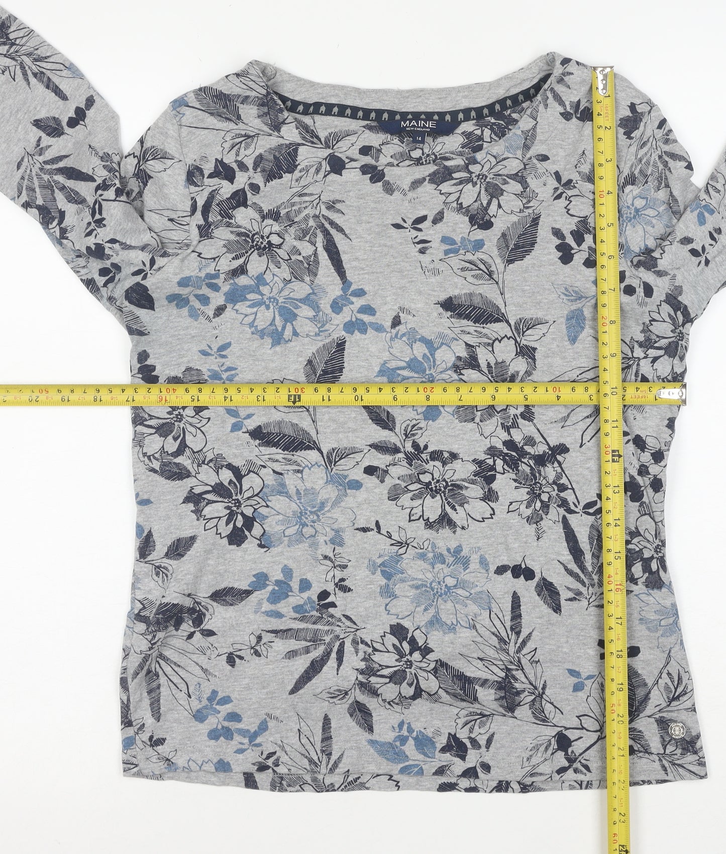 Maine New England Womens Grey Floral 3/4 Sleeve Jersey Top Size 14