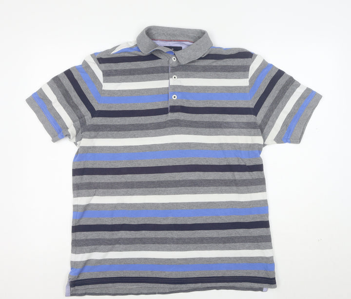 Marks and Spencer Men's Multicoloured Striped Cotton Polo Shirt L